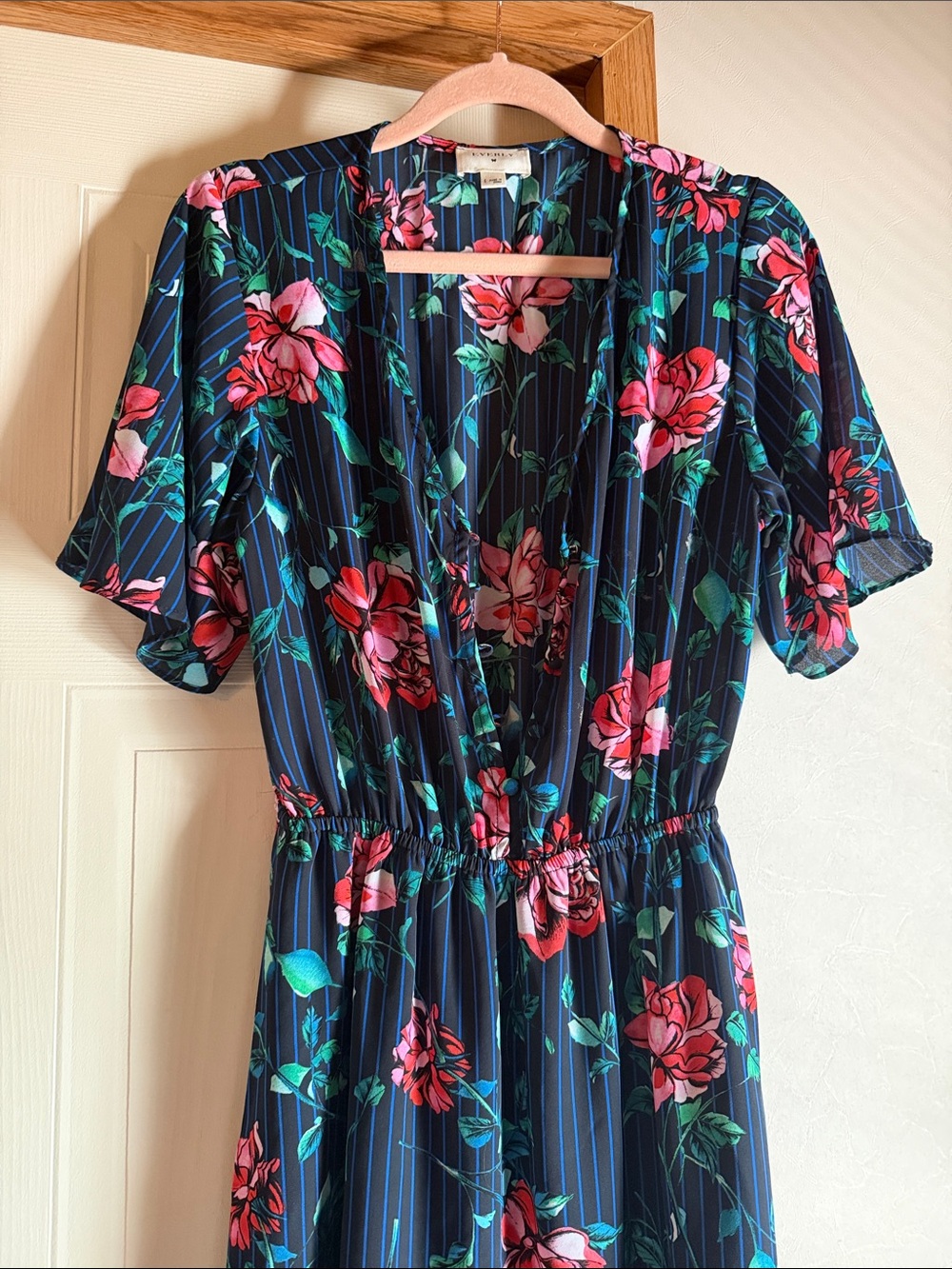 Everly Navy Floral Midi Dress with Pink Roses